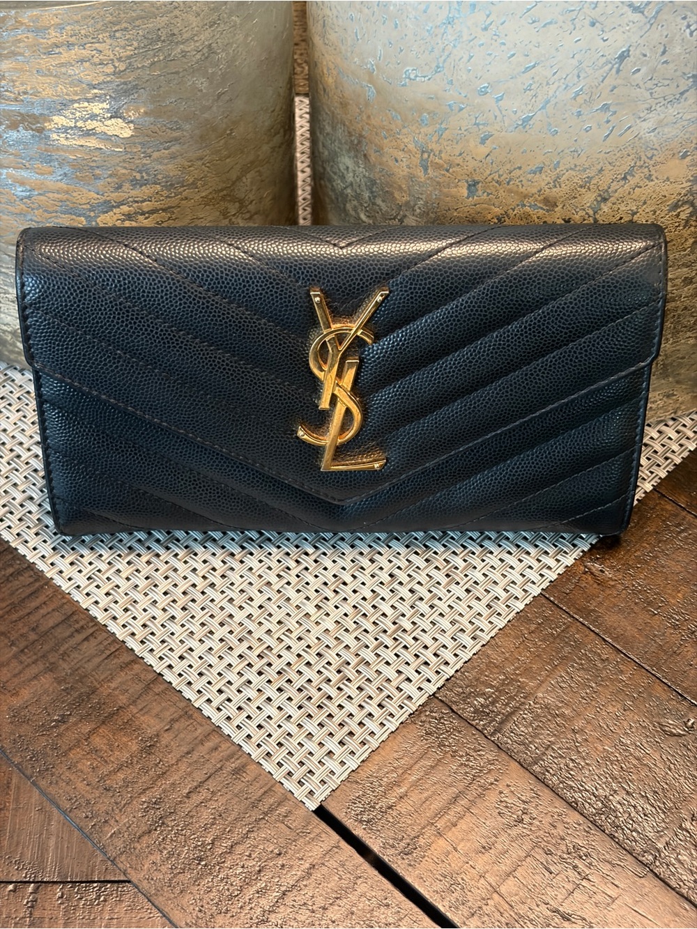 Saint Laurent Black Chevron Quilted Leather Wallet with Gold YSL Logo